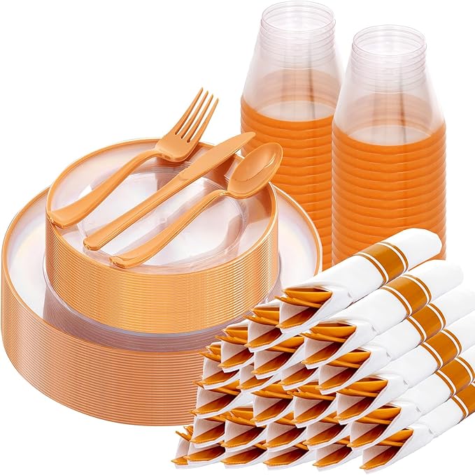 SUT 175Pcs Orange and Clear Plastic Dinnerware Set for 25 Guests, Include: 25 Dinner Plate, 25 Dessert Plates, 25 Pre Rolled Napkins With Silverware, 25 Cups, Disposable Plates for Party