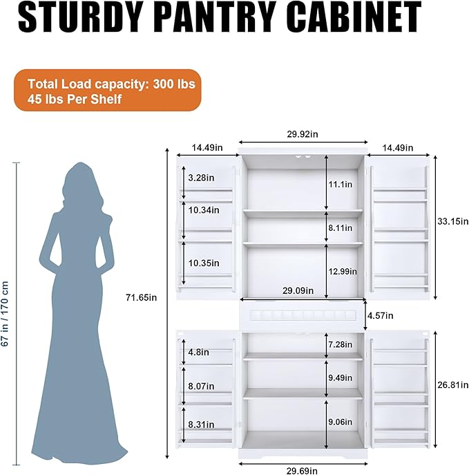 72" Tall Kitchen Pantry Cabinet with Drawer & Adjustable Shelves,Farmhouse Versatile Modern Compact Pantry Storage Cabinet w/12 Door Shelves,Anti-Tip Safety Design for Small Kitchen,Dining Room
