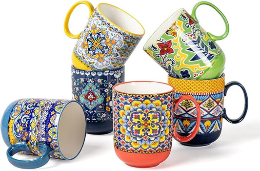 HENXFEN LEAD Boho Ceramic Coffee Mugs Set of 6 ??14 oz Porcelain Cups for Latte, Cappuccino, Tea & Cocoa ??Microwave & Dishwasher Safe