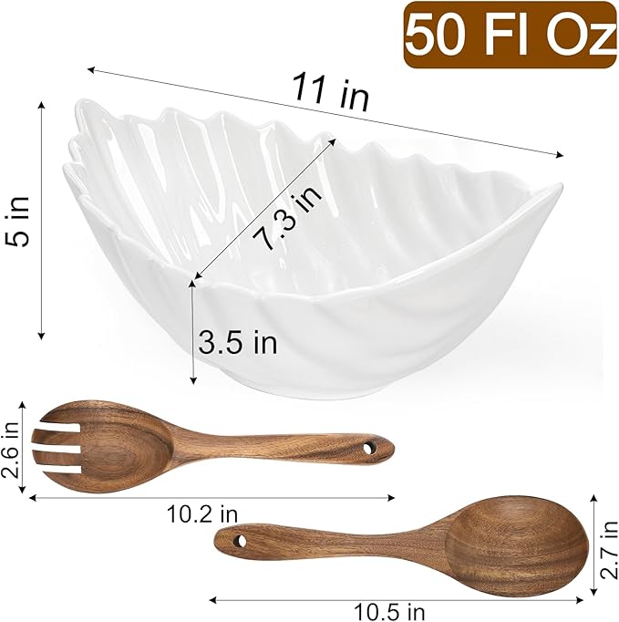 Hacaroa 50 Oz Ceramic Salad Bowl, 11 Inch Medium Serving Bowl White Soup Bowls with Wooden Utensils, Decorative Leaf Shape Mixing Bowl for Pasta, Stew, Fruit, Snacks, Microwave Dishwasher Safe