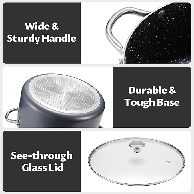 BEZIA 8 Quart Cooking Pot, Large Non Stick Induction Stock Pots with Lid, All Stove Compatible, 8 QT Aluminum Soup/Stew Pot For Families of 3??, Grey