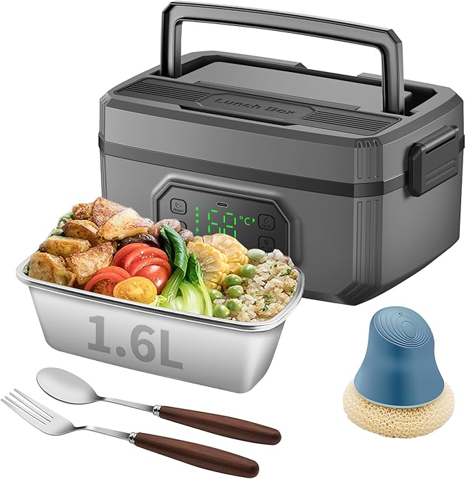 RYALNTC Electric Lunch Box for Adults with Timer - 1.6L Cordless Electric 24000mAh Battery-Powered Heated,5-Sided Heating & Smart Reservation - Portable Heated Lunch Box for Office, Truck, Camping