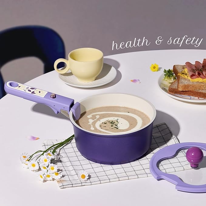 CAROTE 11pcs Ceramic Cookware Set, Pots and Pans Set Non stick, Induction Kitchen Cookware with Removable Handle, Dishwasher & Oven Safe, RV/Camping Cookware, PFAS Free, Purple