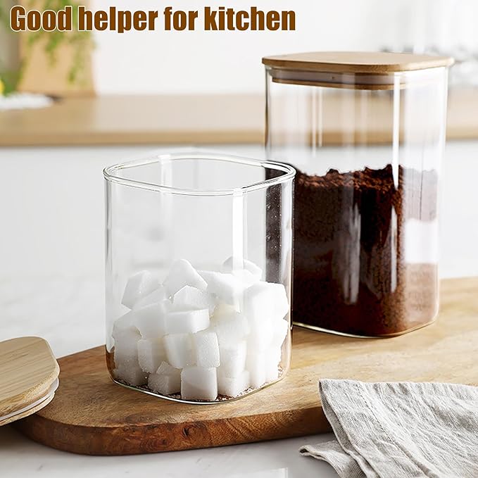 6 Pack Glass Food Storage Jars with Airtight Lids, Clear Glass Jar with Bamboo Lid, Airtight Food Canister for Tea, Candy, Coffee, Sugar, Cookie, Snack. (Square| 5+6 Inch) SET of 3