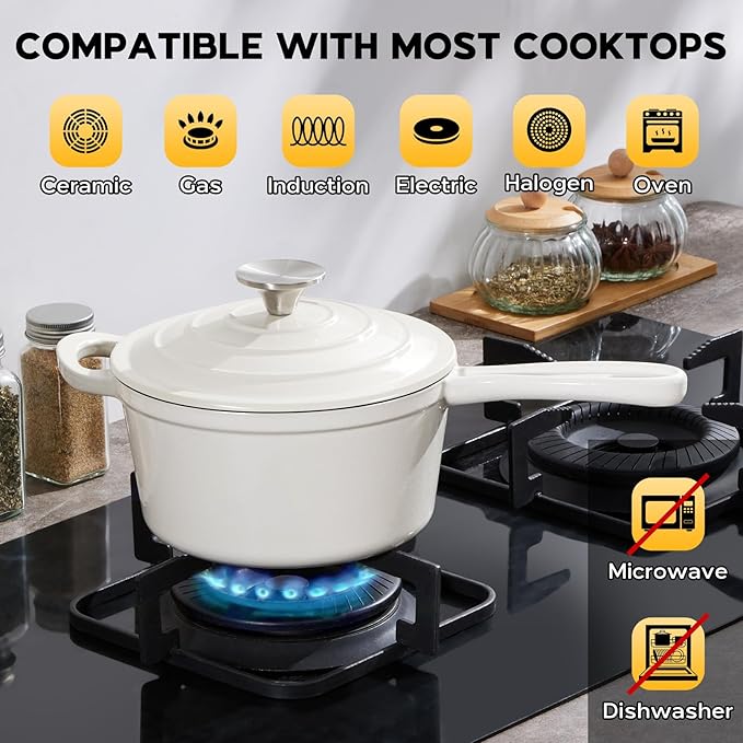 Onader 2 Quart Saucepan Dutch Oven, Enameled Cast Iron Sauce Pan Pot with Lid, Small Cooking Kitchen Pot, Nonstick & Oven Safe ??White