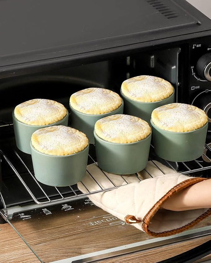 Tikooere Ramekins 6 oz, Oven Safe Souffl챕 Dishes for Creme Brulee, Souffle, Pot Pie, Stoneware Baking Dishes for Kitchen, Farmhouse Ceramic Ramikens Set of 6, Cute Christmas Gift, Matte Turquoise