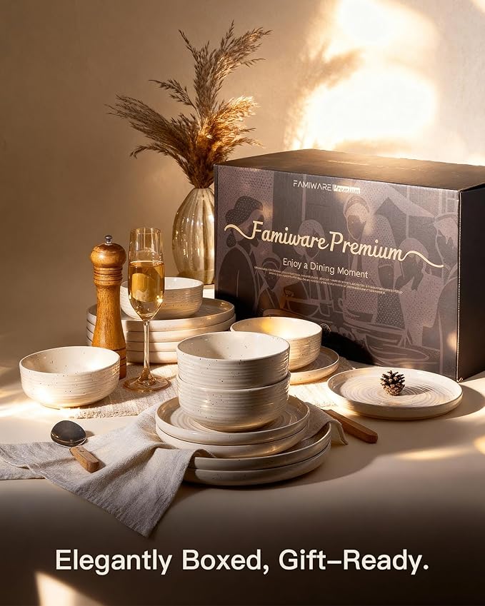 Plates and Bowls Sets for 6, Famiware Premium 18-Piece Stoneware Dinnerware Set - Reactive Glaze with Speckles & Spirals, Chip & Scratch Resistant, Dishwasher Safe, Dish Set with Gift Box, Shell Beige