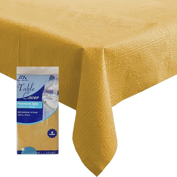 [6 Pack] Gold Paper Tablecloth Disposable for Rectangle Tables, 54 X 108 Inch Party Table Cover with Plastic Backing, Waterproof 3 Ply Table Cloth for Fall Thanksgiving Harvest