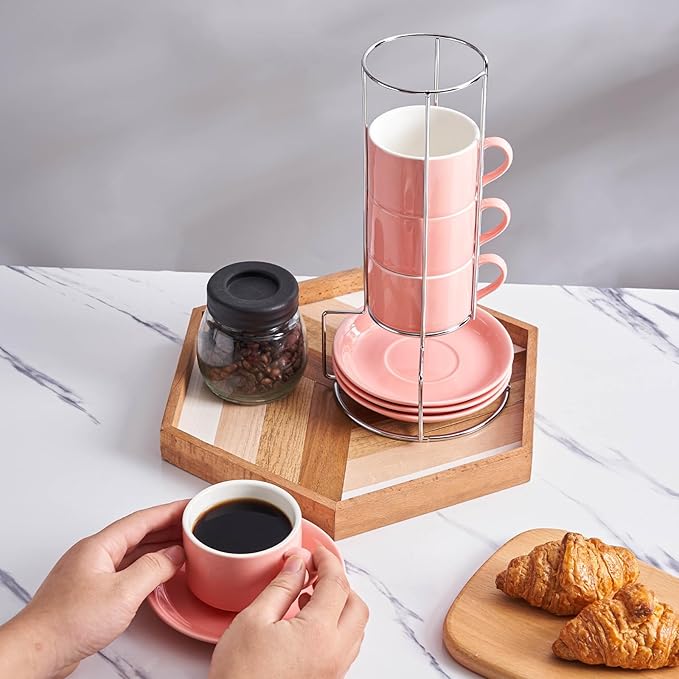 8oz Porcelain Cappuccino Cups with Saucers and Metal Stand, Stackable Coffee Cups for Specialty Coffee Drinks, Cappuccino, Latte, Espresso, Americano and Tea - Cups Set of 4, Pink