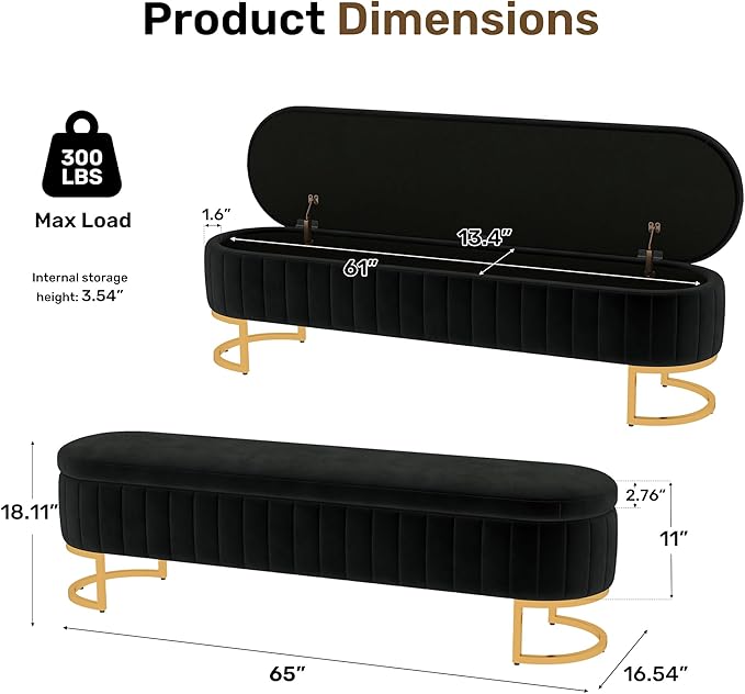 VIROL 65 Inch Storage Ottoman Bench Velvet End of Bed Storage Bench King Size Upholstered Tufted Bench Large Space for Bedroom Living Room Entryway Black