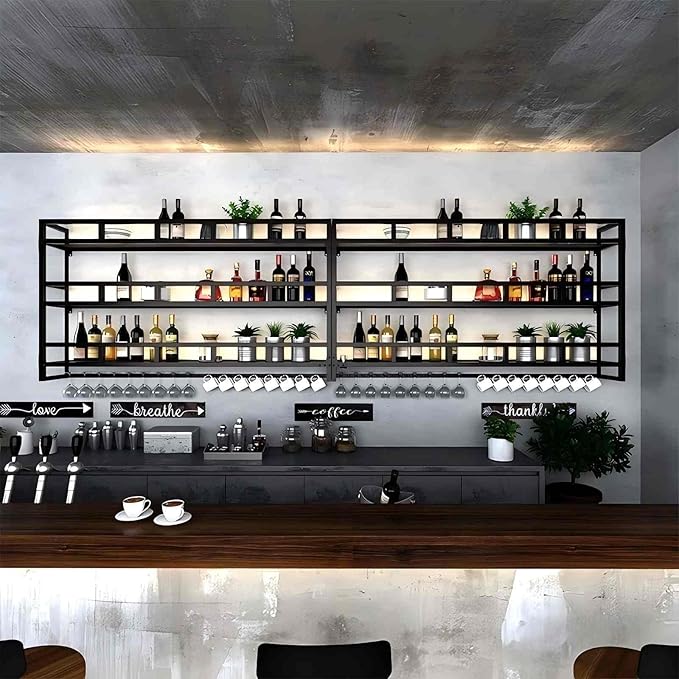 71 Inch Metal Wine Rack Wall Mounted, Bar Shelves Wall Mounted with LED Light, Large 3-Tier Liquor Bar Display Shelf with Wine Glasses for Home Bars, Dining Room & Kitchen, Black