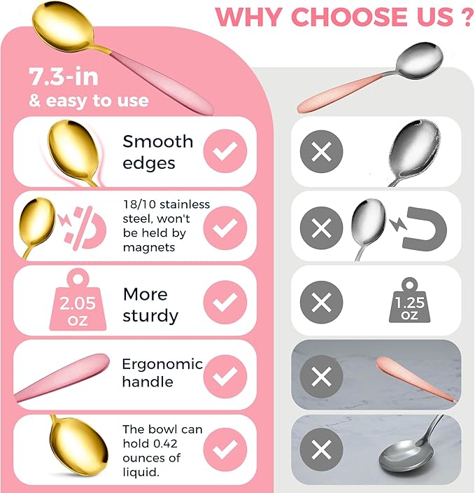 18/10 Stainless Steel Soup Spoons, 7.3-in Deep Round Soup Thick Pink Gold Gifted Spoons, Suitable for Cereal Bouillon Milk Soup Hot Chocolate Dinner Guest, Pack of 4