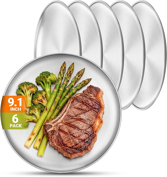 Metal Camping Plates, 6 Pack 9.1 inch Small 201 Stainless Steel Plates, Reusable Pizza Food Serving Snack Eating Salad Dishes Round Shatterproof Brushed Finish Silver Dish Oven Dishwasher Safe