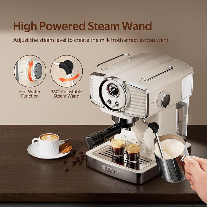 Espresso Machine 20 Bar, Professional Espresso Maker with Milk Frother Steamer Wand, Retro Coffee Maker Cappuccino & Latte Machine for Home, 1.8L Removable Water Tank, Off-white