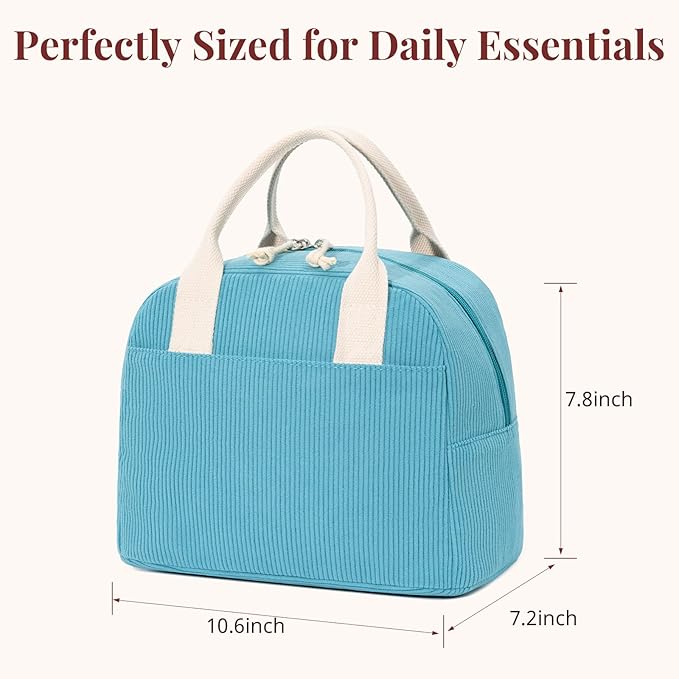 LOVELYWIND Insulated Lunch Bag for Women Men, Stylish Corduroy Tote Bag with Aluminum Lining, Large Capacity Reusable Cooler for Work, Travel, or Beach, Lake Blue Lunch Box