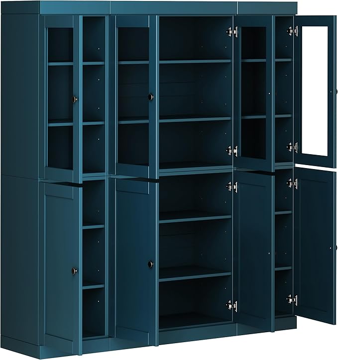 Palace Imports 100% Solid Wood Kitchen China Pantry Cabinet, 65" W - 4 Clear Glass & 4 Shaker Doors, Renewable Eco-Friendly Wood, Made in Brazil (Teal Blue, 8 China/Shaker Doors | NO Drawers)