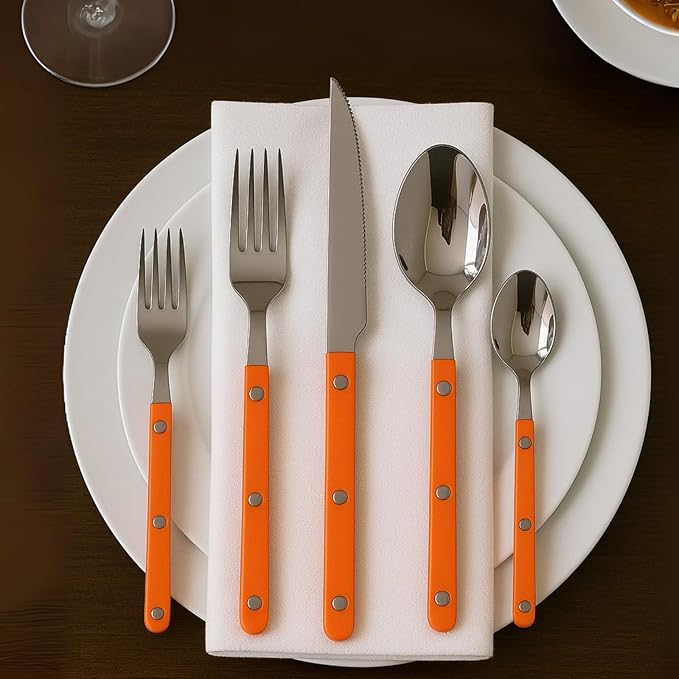 Khen 20-Piece Cutlery Set with Dinner Knives, Forks, Spoons, Salad Forks & Teaspoons ??Durable and Dishwasher Safe Utensil Set for Home, Kitchen, Parties & Special Occasions ??Orange Handle
