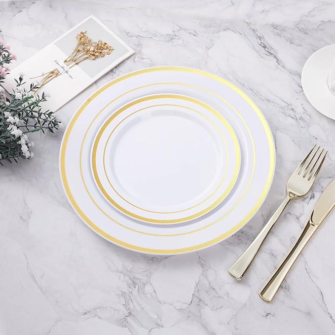 BESTVIP 100PCS Gold Plastic Plate, 7 Inch Disposable Dessert Plate Party with Gold Rim, Heavy Duty Disposable Plastic Plates for Party, Wedding and Birthday