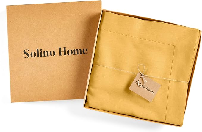Solino Home Linen Tablecloth for Rectangle Tables 60 x 144 Inch - 100% Pure Linen Mustard Yellow Table Cloth - Fete, Machine Washable Cloth Tablecloth for Spring, Easter