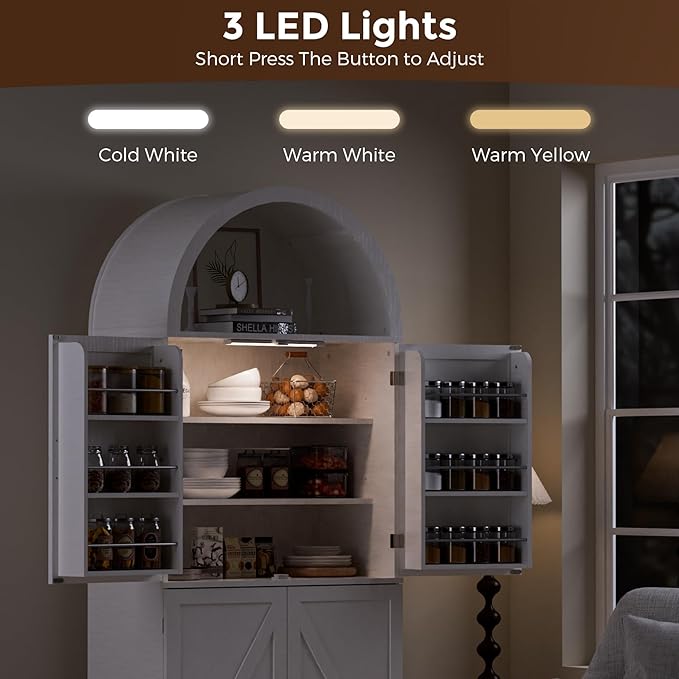 Arched Kitchen Pantry Cabinet with Adjustable Shelves, Modern Farmhouse Storage Cupboard, White Freestanding Wood Cabinet with LED Lights, 70.86 x 29.9 x 15.74 Inches.