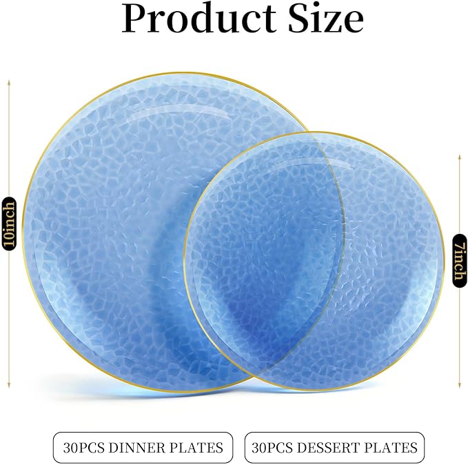 Lullaby 60Pcs Blue Gold Plastic Plates, Blue Disposable Plates With Gold Rim, Plastic Plates Include 30 Dessert Plate 10'', 30 Dinner Plate 7.5'' for Party, Birthdays and Wedding ﻿