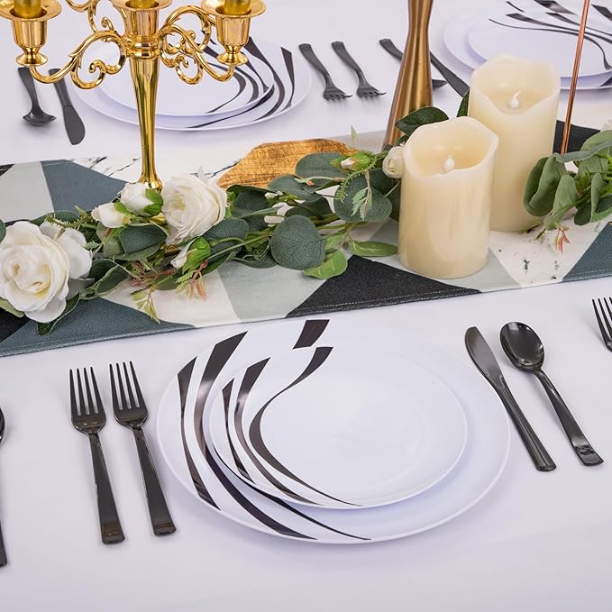 EI 60pcs Black and White Plastic Plates for Party,Black Rim Disposable Plates,Fancy Plastic Dinner Plate,Disposable Dessert Plate for Famiily Event,Wedding,Afternoon Tea,Business Events,Hotel