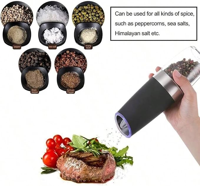 Gravity Electric Salt and Pepper Grinder Set - 2 Pack Automatic Mills with Adjustable Coarseness, LED Light, Battery Powered, One-Handed Use (Black) (Black+Black (Includes Cleaning Brush))