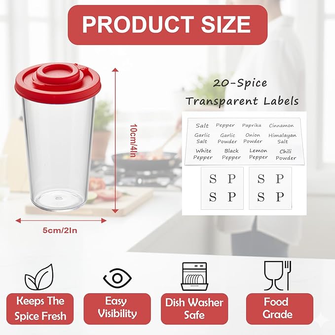 Plastic Salt and Pepper Shakers Set with 4 Color Lids & 20 Labels ??Clear Spice Jars, Reusable, Refillable Seasoning Containers for Kitchen, Cooking, Baking ??Easy Storage & Organization