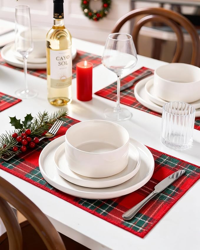 Famiware Porcelain Dinnerware Set, 12-Piece Modern Plate and Bowl Set, Dish Set for 4, Microwave and Dishwasher Safe Tableware, White