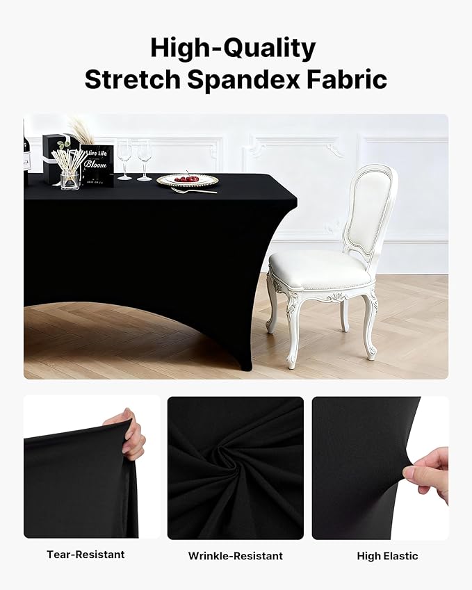 VEVOR 6 Pack Table Cloth for 8FT Rectangular Fitted Events, Wrinkle-Resistant Stretch Black Table Covers, Washable Spandex Tablecloth Protector, for Party, Wedding, Cocktail, Banquet, Festival