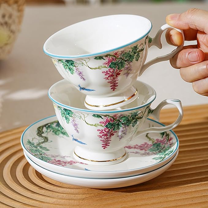 Floral Ceramic Cup Bone China Tea Cup and Saucer Set 6.8 Oz Gold Trim Vintage Style Porcelain Coffee Cup for Home Kitchen Office, Style 6