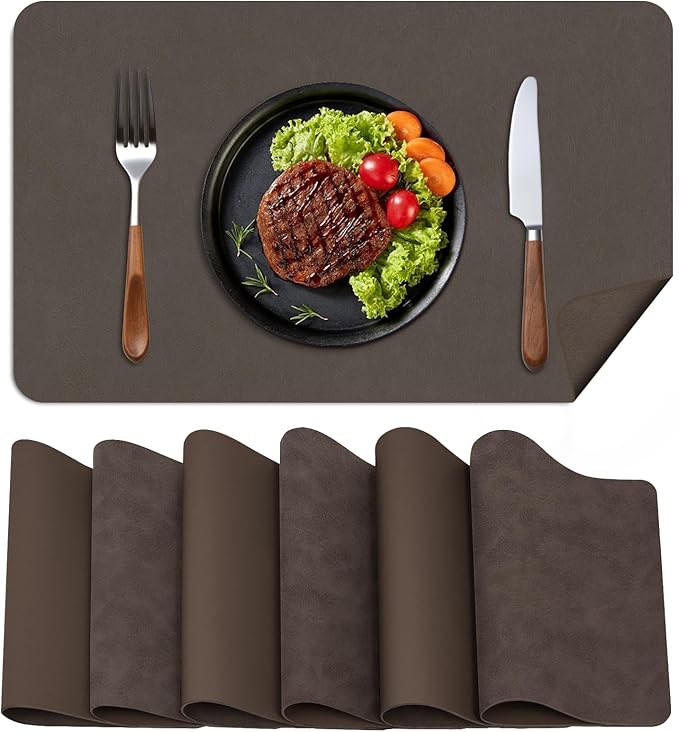 BLESWIN Faux Leather Placemats, Set of 6, 12횞17 Inch -Double Side Texture Color Table Mats, Heat-Resistant, Waterproof and Oil-Resistant, Suitable for Dining Room, Kitchen, Party, Outdoor - Dark Brown