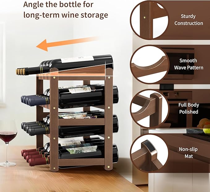 Wine Rack 16-Bottle Capacity, Space-Saving Countertop Wine Storage Organizer ??Sturdy Bamboo Wine Holder for Kitchen, Bar,Cabinets & Pantry, Easy Access & Clutter-Free Organization(4-Tiers)