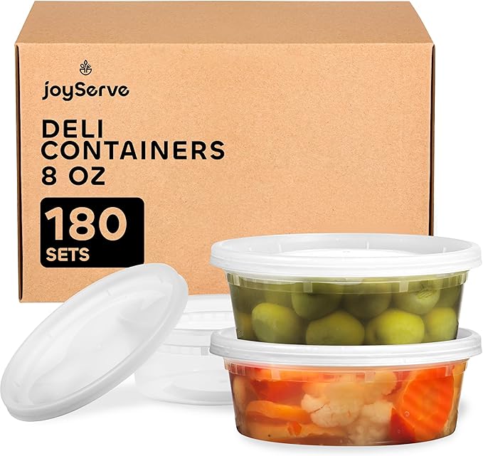 JoyServe Deli Food Containers with Lids - 8 oz 180 Sets- Ideal for Food, Snacks, Takeout, Meal Prep - 1 Cup Small Durable Clear Containers for Food - Stackable and Durable, Dishwasher & Microwave Safe