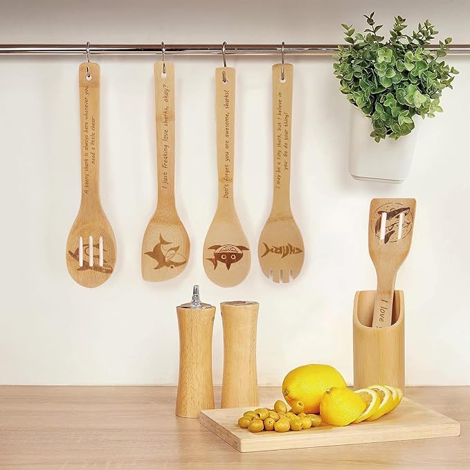 5PCS Shark Wooden Cooking Spoons Kitchen Decor Shark Gifts for Women Men Shark Lovers Birthday Gifts Party Favors Housewarming Wedding Bamboo Cooking Spoons for Everyday Use