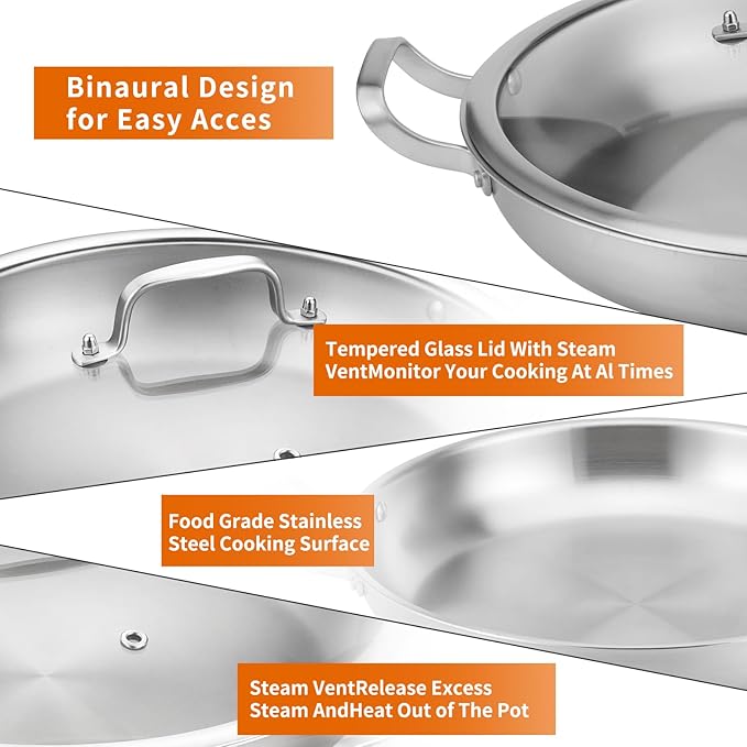Tri-Ply Stainless Steel Paella Pan, 14.5 inch Large Skillet,12 Servings 18/10 Large Paella pan with Lid,Jumbo Cooker,Perfect for Outdoors, Camping, Parties