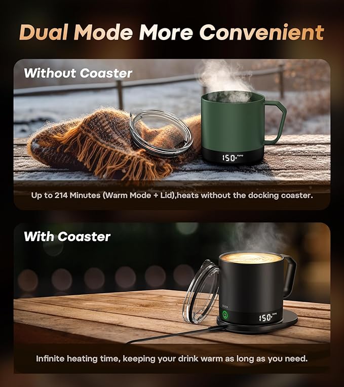 Heated Coffee Mug Rechargeable - Temperature Control Self Heating Coffee Mug 14oz with Lid, Double Sided & Real-Time LED Display, Hot up to 150?? Birthday Gifts for Women and Men(Green)