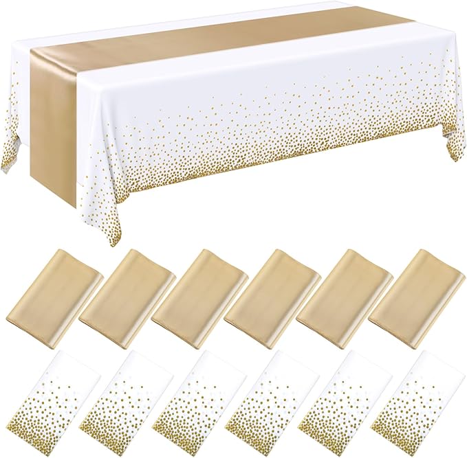 Tudomro 12 Pieces White and Gold Disposable Plastic Tablecloths and Satin Table Runner Set 54x108 Inch Tablecloth 12x108 Inch Table Runners for New Year Wedding Birthday Baby Shower Graduation