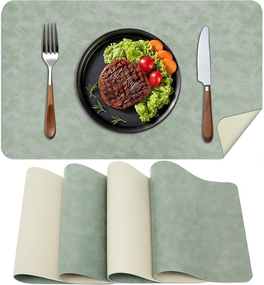 Faux Leather Placemats, Set of 4, 12''횞17' Textures on Both Sides, Heat-Resistant, Waterproof and Oil-Proof, Reversible Place Mats for Kitchen, Dining Table, Outdoor - Green&White