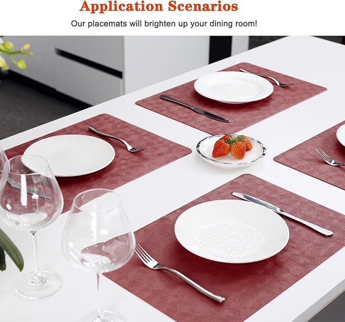 Bxzandya Vinyl Placemats Set of 12 Heat Resistant Easy Clean Non-Slip Place Mats for Dining Table Faux Leather Waterproof Stain Resistant Wipeable Washable PVC Table Mats(12, Red)
