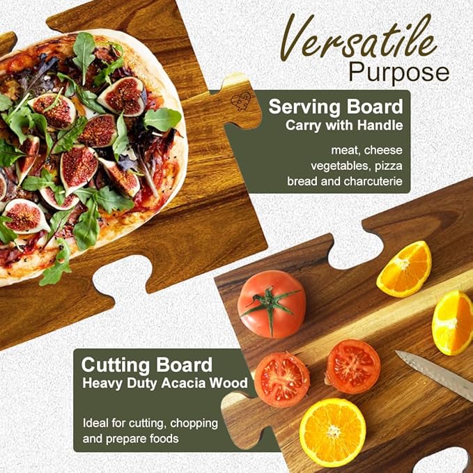 Charcuterie Board Sett, Premium Acacia Wood Cheese Boards, Puzzle Shaped Serving Tray, House Warming Gifts New Home, Wedding & Bridal Shower Gift, 2 Pack