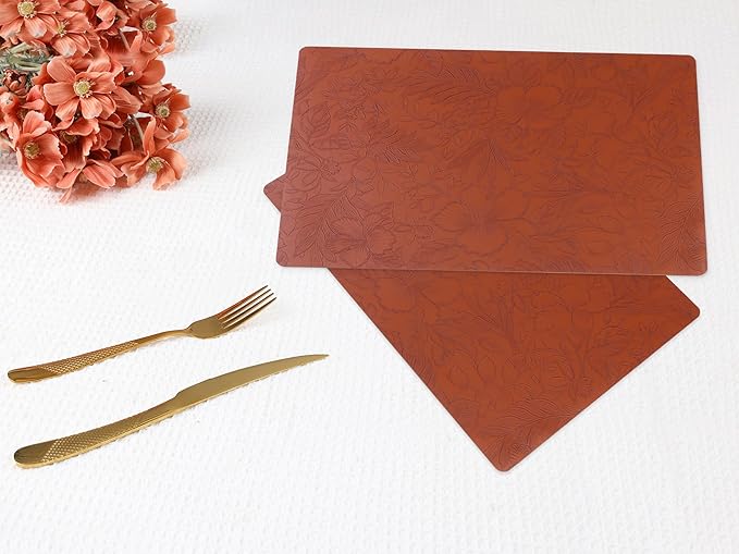 DRMHM Set of 6 Faux Leather Flower Placemats for Kitchen Dining Table Decor, Washable Table Placemats Wipeable Table Mat 18 * 12in Brown