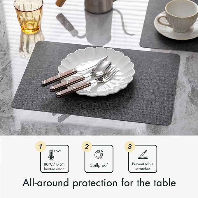 Baroyal Faux Leather Placemats Set of 6 Vinyl Washable Wipeable Table Mats for Kitchen Dining Table Heat Resistant Waterproof Modern Indoor/Outdoor Placemats Non-Slip Easy Clean Place Mats (Midnight)