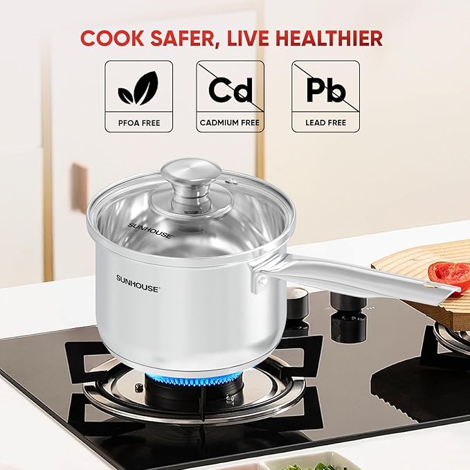 Sunhouse ??1.5 Quart Stainless Steel Sauce Pan with Lid - PFOA-FREE, Stainless Steel Sauce Pan, Induction base, Stay-Cool Handle, Compatible with All Cooktops Gas, Geramic, Electric etc.