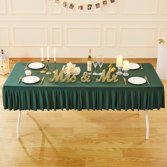 Wish Care 2 Pack Hunter Green Spandex Table Clothes for 6FT Rectangle Tables Wrinkle Free Stretch Fitted Tablecloths Ruffle Elastic Table Cover Skirt for Dining Outdoor Home Banquet Party Tablecloth