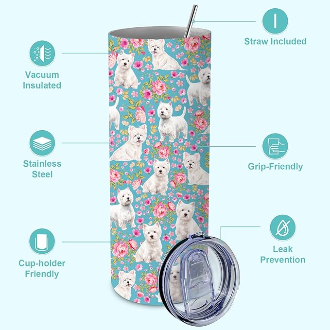 Yogusut Westie Gifts for Women, 20oz Stainless Steel Insulated Tumbler Travel Mug Cup with Lid Straw Brush, Gifts for Dog Mom Dog Lover