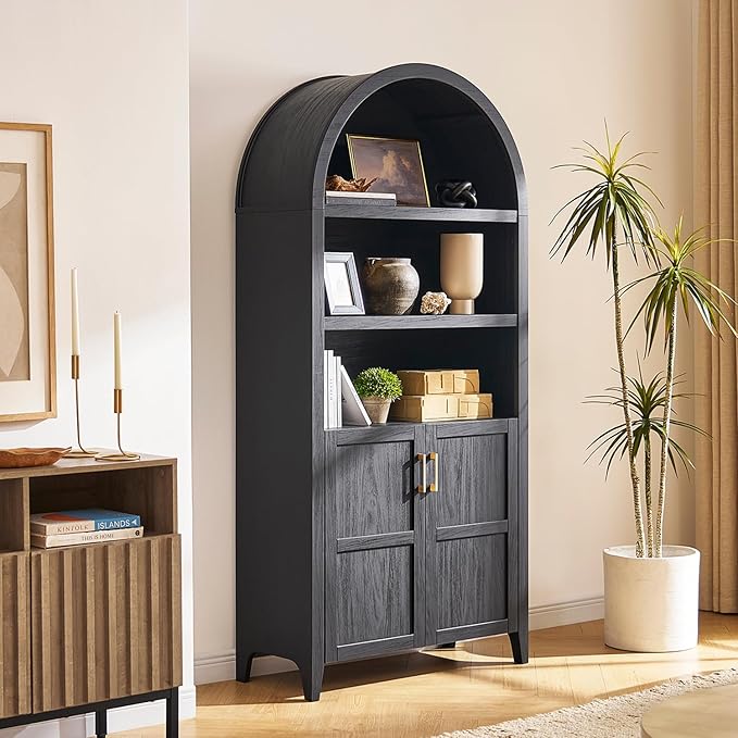 mopio Lauren 77.4" Tall Arched Cabinet, The Original 5-Tier Bookcase with Doors and Adjustable Shelves, Arch Bookshelf with Storage, Wooden Storage Cabinet for Living Room and Kitchen Pantry (Black)