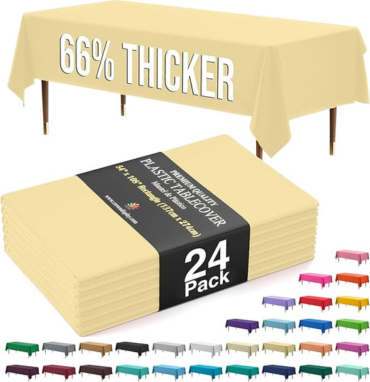 Exquisite 66% Thicker Premium Plastic Table Cloth Rectangle Table Cover 0.5 Mil 24 Pack Light Yellow Table Cloth 54 Inch x 108 Inch Disposable Tablecloth Won't Tear Easily Like Cheap Thin Brands