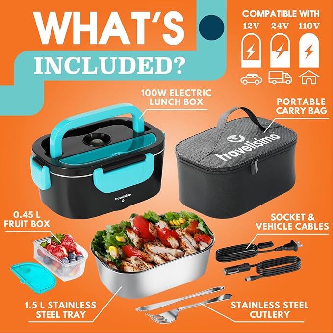 TRAVELISIMO Electric Lunch Box for Adults 100W Heated Lunch Box For Men 1.5L Stainless Steel Portable Food Warmer, 12/24/110V Electric Food Warmers for Travel & Work Loncheras Para Hombres de Trabajo