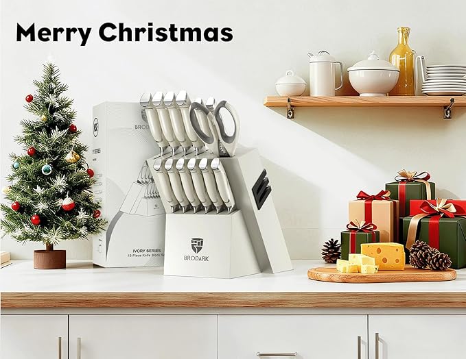 BRODARK Kitchen Knife Sets with Block and Built-in Sharpener - 15 Pcs Full Tang Professional Chef Knife Set - NSF Certified Food Grade Stainless Steel Cutlery Set - Ivory Series for Christmas Gift